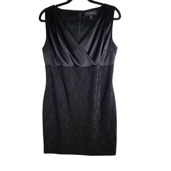 St John Satin Bodice Bonded Lace Dress Caviar Womens 6 Evening Cocktail Formal - Picture 1 of 11